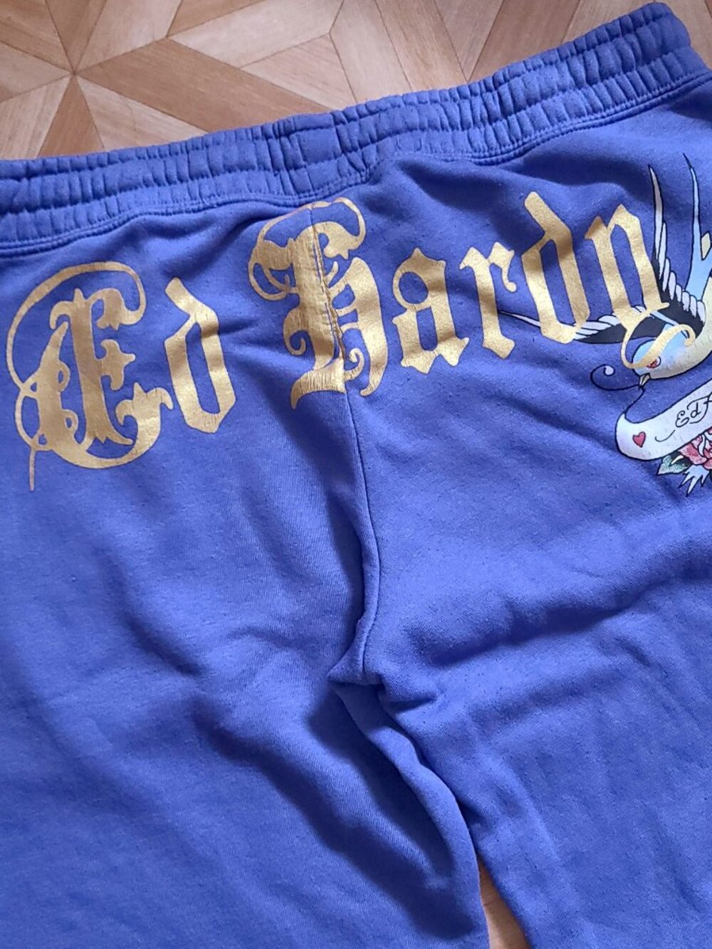 Vintage Ed Hardy Panther Rose Wide Pants Gold Logo Lavender Blue Tattoo Bird